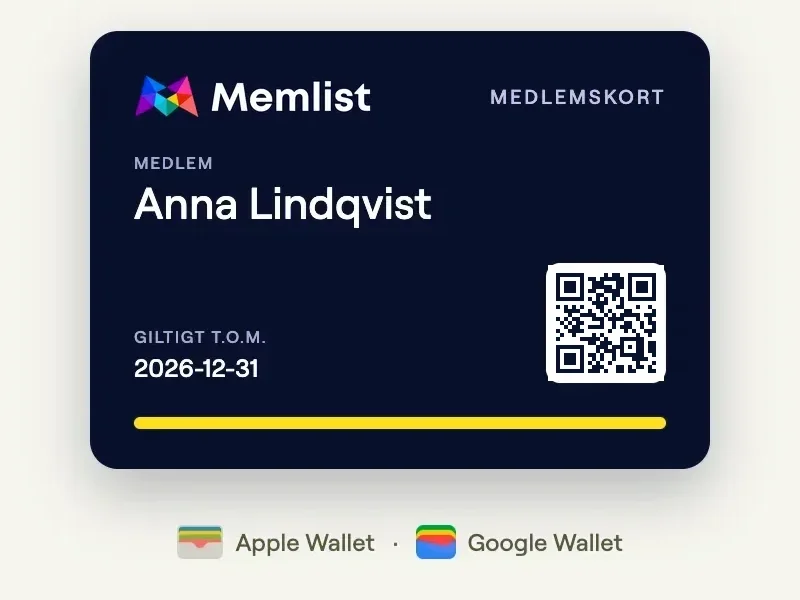 Esimerkki digitaalisesta jäsenkortista QR-koodilla Apple Walletissa ja Google Walletissa