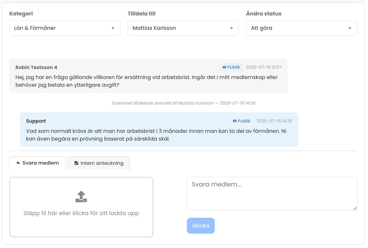 Tapaustenhallinta Memlistissä - jäsenen tapaus, jossa kysymys, tukivastaus ja osoitus käsittelijälle